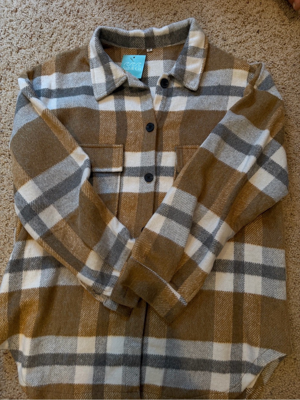 Salt and Co Plaid Shacket in Camel, Gray & Cream